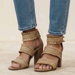 Sam & Libby Lacey Block Heel Sandals Raffia Straw Woven Rear Zip Closure Wmns 8
